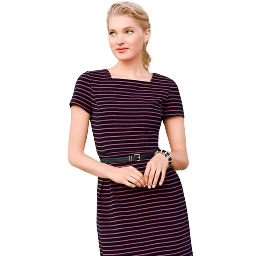 Womens Short Sleeve Square Neck Knit Sheath Dress Black Pink Striped Nautical 4P